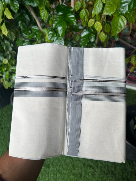 25% Discount! KaithariKada HANDLOOM UNAKKUPAAV Balaramapuram - 100% PURE Cotton OFF WHITE (Unbleached) Double Mundu/Dhoti - 80x90 - 1.25 inch Silver kasavu Black & White striped kara 4 Mtr (8.5 Muzham) - 19KK5235 YAR