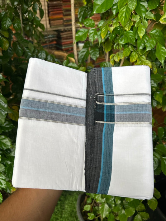 25% Discount!! NEW ULTRA PURE WHITE HANDLOOM Balaramapuram - 100% MERCERISED Cotton Double Mundu/Dhoti - 120 twisted warp x 80s weft - Blue Black Silver Kasav Kara- 19KK5248 REA