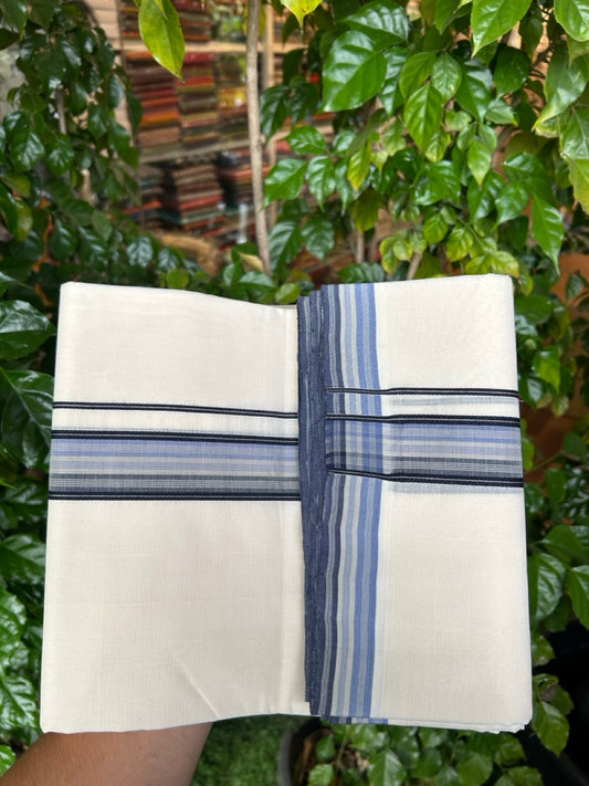 25% DISCOUNT!! KaithariKada HANDLOOM  UNAKKUPAAV Balaramapuram - 100% PURE Cotton OFF White - (Unbleached) Double Mundu/Dothi - 100 x 80 - 1.5 inch Blue Black Ash Strip Kara 3.80 meter (8.5 mulam) - 19 KK5249 REA