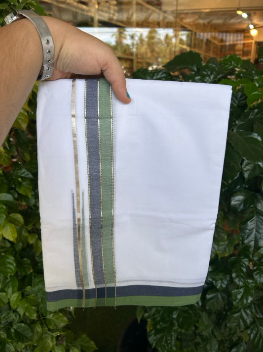 26% Discount ! NEW! KaithariKada Balaramapuram 100% Cotton Pure white Double Mundu/Dhoti - (100x80)s - Green Navy Blue Chutty Silver Kasav - 19 KK5252 CKS