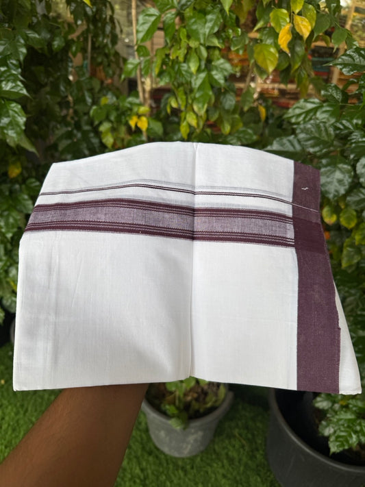 Short Dhoti Special - 28% Discount ! KaithariKada 100% Cotton Pure White Double Mundu / Dhoti - 100x80 - 45 inch Height 3.80 m Length  1.5 inch Wine Brown kara - 19 KK5258 THI