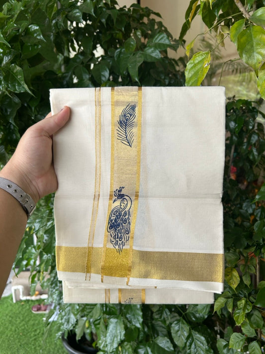 KaithariKada 100% Cotton Double Off White - (Ubleached) Mundu/Dhoti - 80x80 - 1.5 inch Gold Kasavu & Navy Blue Peacock Printed Design Kara - 4 mtr (8 muzham)- 19 KK5262 STH