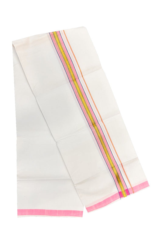 30% OFFER! KaithariKada 100% Cotton Balaramapuram HANDLOOM Single PURE WHITE Mundu/Dhoti - 2 inch (2 meter / 4 muzham) Pink Kasavu Kara & Blue Stripes  - 19KAI.
