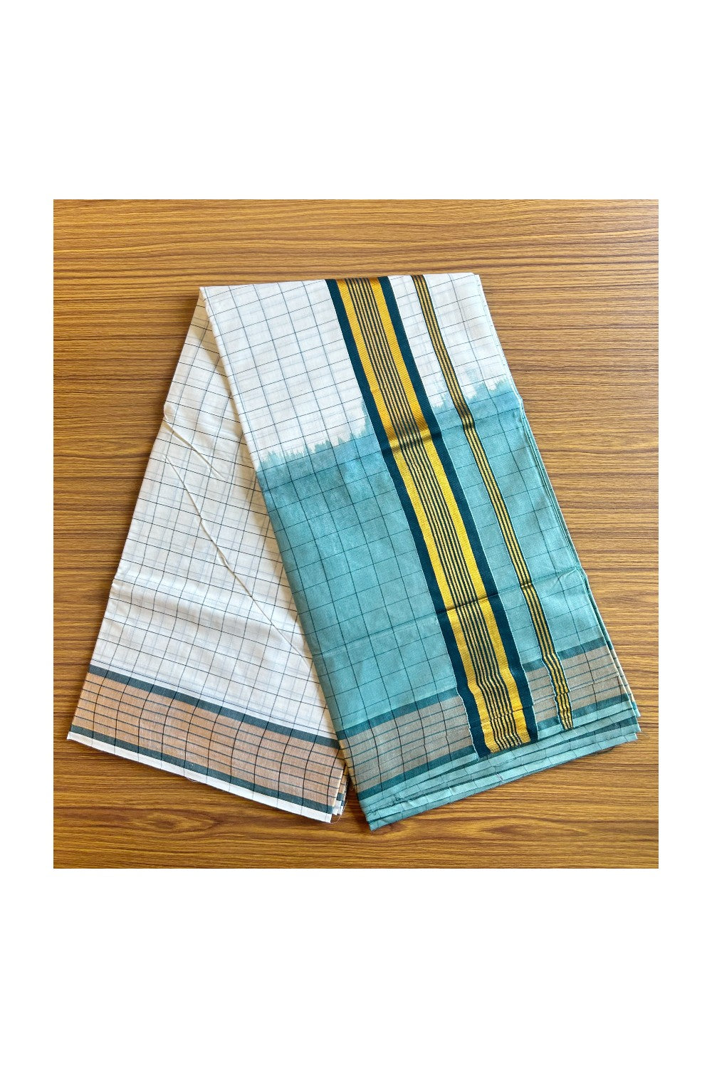 15% Discount! Kaitharikada Kerala Cotton Saree - Green Color Dyed & Gold Kasavu Green Striped Kara - 19KK1003HAR