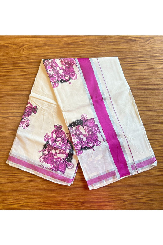 25% Discount! Kaitharikada Kerala Saree - Cotton Off white - Silver Kasavu & Pink Zari with Mural Prints-19KK300VIN