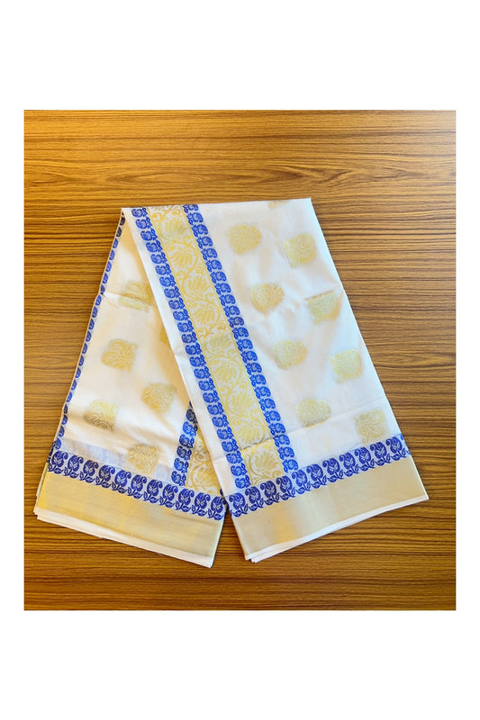 25% Discount! Kaitharikada Kerala Cotton Saree Off white - 24 inch Kasavu Zari with Blue Mango & Flower Pattern Design- 19KK303VIN
