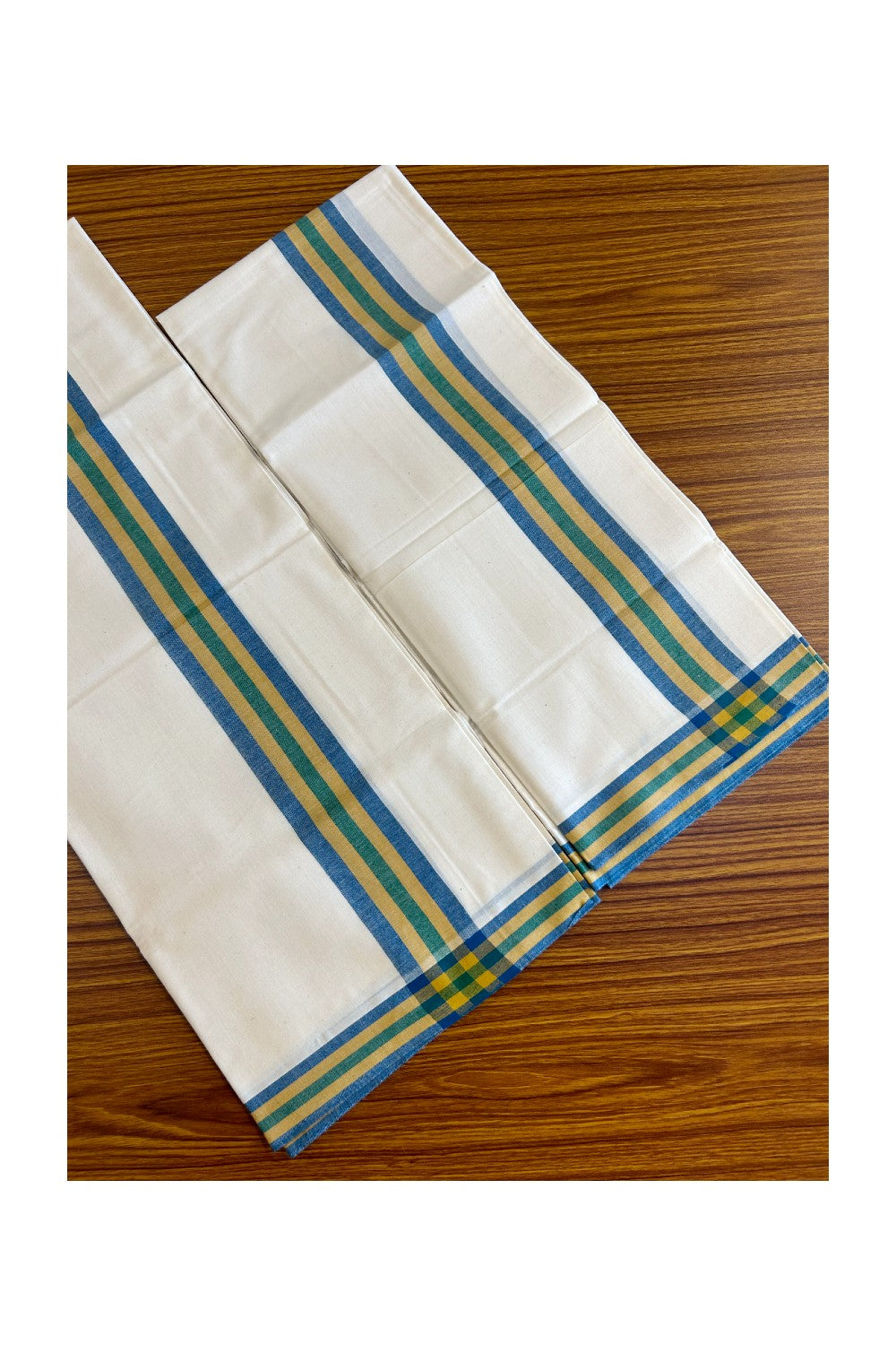 15% Discount!! KaithariKada - Kerala Cotton Single Set Mundu - EXTRA LENGTH -Cerulean Blue, Yellow &Light Green Stripes Mulloth Kara- 19KK472CKA