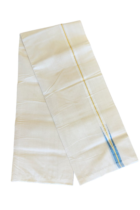 30% DISCOUNT!! KaithariKada HANDLOOM Millpaav Balaramapuram - 100% PURE Cotton OFF White - (Unbleached) Double Mundu/Dothi - 2 cm puliyilakkara Kasavu Blue chutty - 19KK476RAM