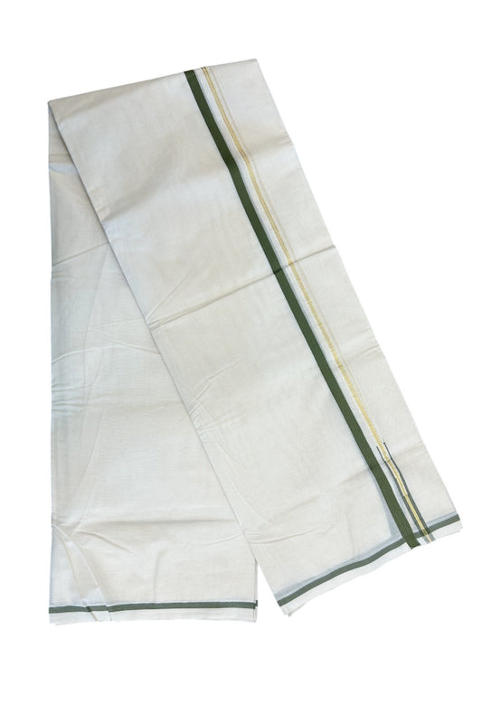 9% Discount Latest!! KaithariKada Balaramapuram 100% Cotton Double Off white - (Unbleached) Mundu/Dhoti-100x100 - 1.cm Puliyilakkara Chutty Dark Sage green & Kasavu Kara - KK8DOT073