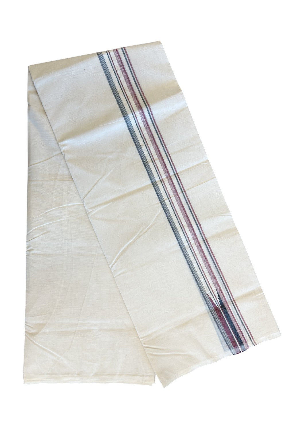 ADMK VESHTI 18% Discount !! KaithariKada Balaramapuram Double Off white - (Unbleached) Mundu/Dhoti - 100X100 - 1.5 inch Puliyilakkara Maroon & Black Striped Chutty Kara - 19KK5045ASH