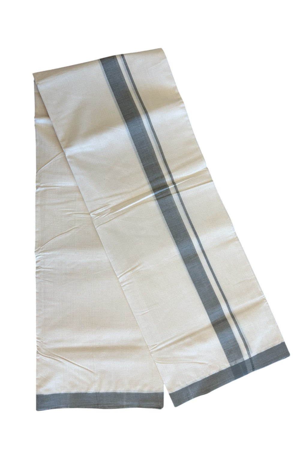 30% Discount! KaithariKada Balaramapuram Handloom 100% Millpaav Cotton Double Mundu/Dhoti Off white (Unbleached) - 100x100 Ash Grey Mulloth Border 3.60m (8 Muzham) - KK30RAM