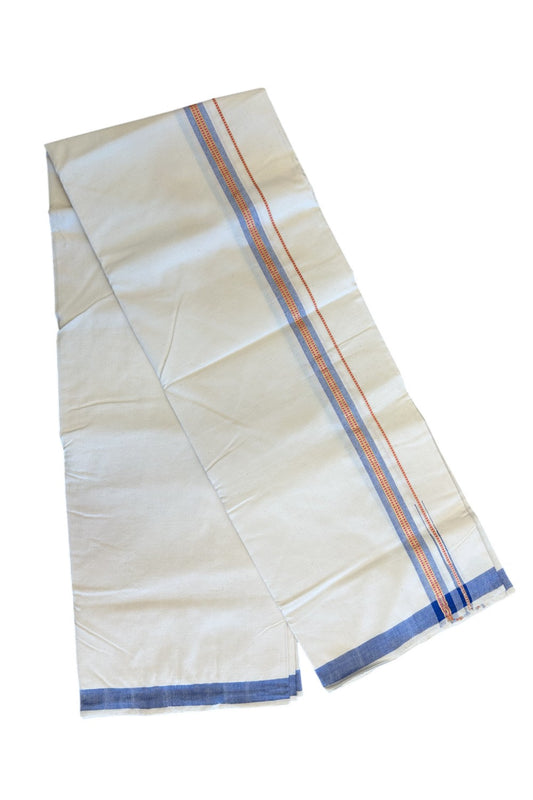 30% Discount ! KaithariKada 100% Cotton Balaramapuram HANDLOOM Single Mundu/Dhoti - Off White (Unbleached) 1.Inch (2 meter / 4 muzham) Blue & Red Stripes Kasavu Puliyilakkara Chutty.