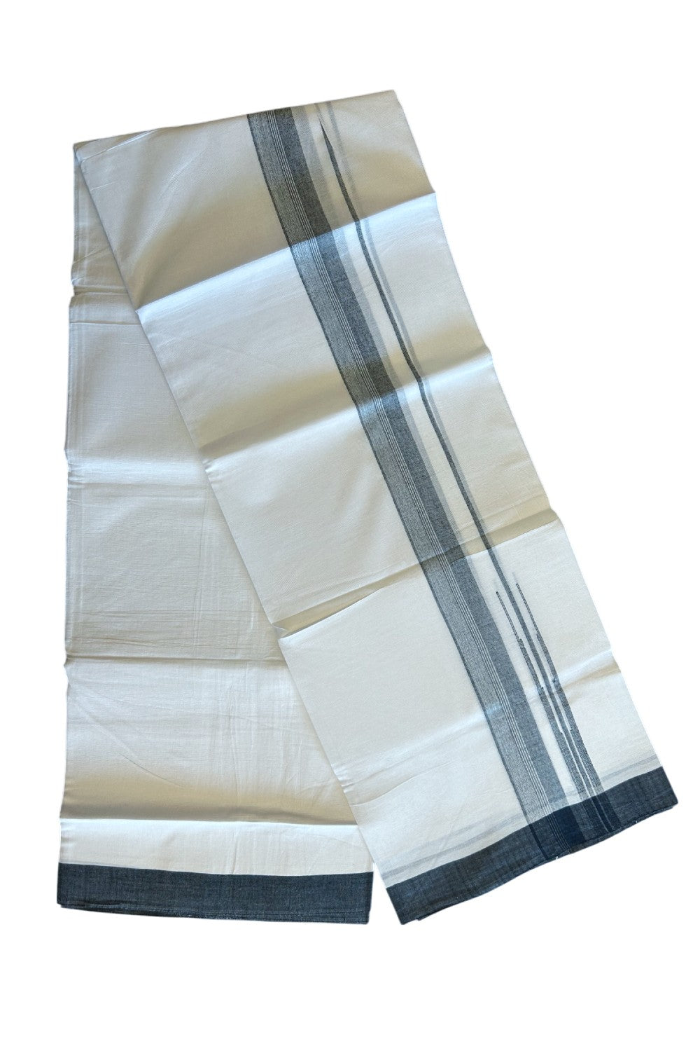 25% DISCOUNT!!! KaithariKada Balaramapuram 100% Cotton Double PURE white Mundu/Dhoti - 80X80 - 1.25 Inch Black & white shaded Centre stripes Chutty kara - 19KK5108GAN