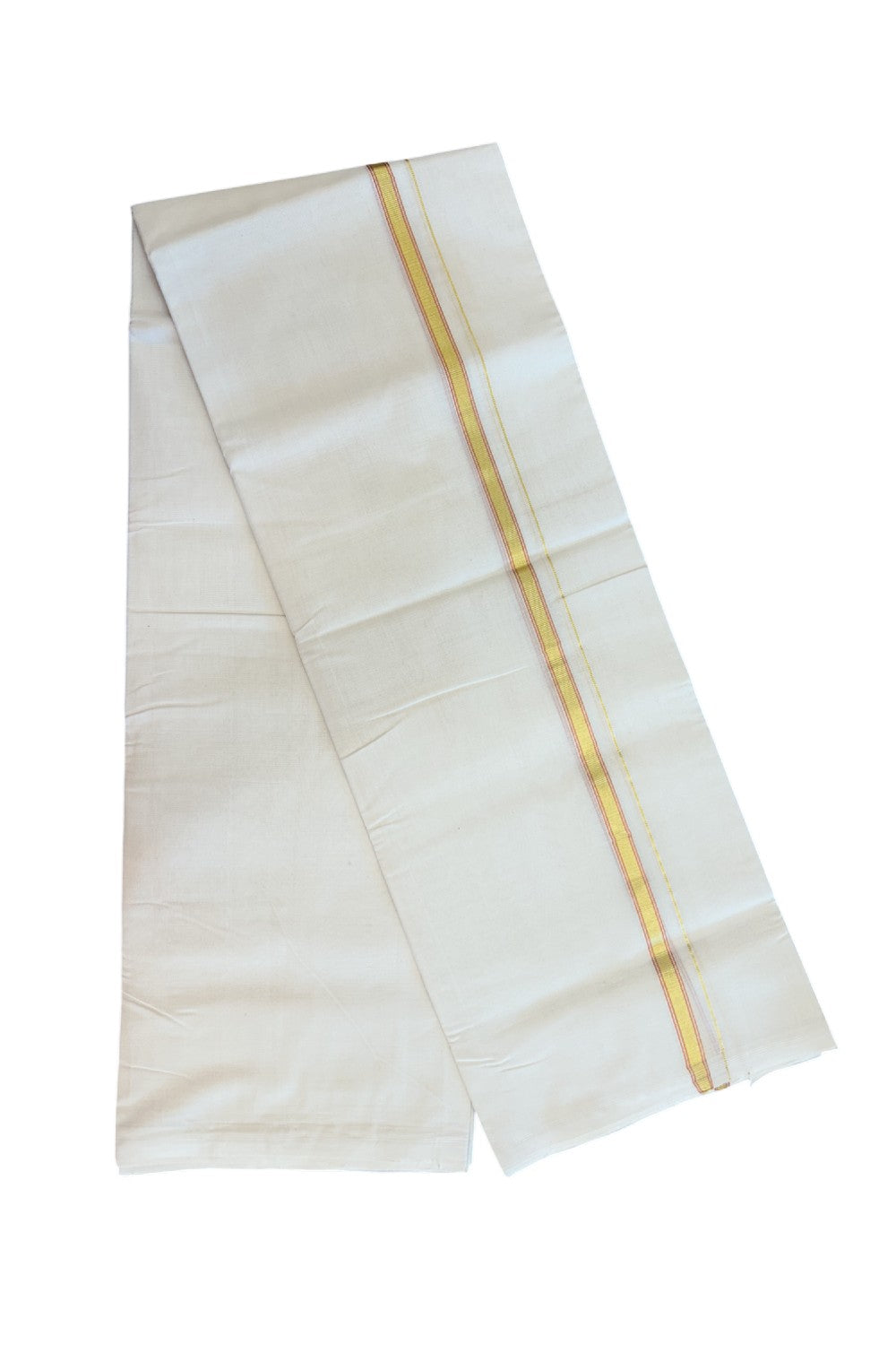 27% DISCOUNT! KaithariKada BALARAMAPURAM HANDLOOM UNAKKUPAAV - 100% PURE Cotton Off white (Unbleached) Double Mundu/Dhoti - 0.5 inch Gold Kasavu & Copper Kasavu Striped Kara (8 Muzham) - 3KK5161SOM
