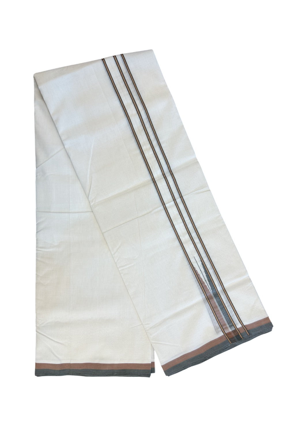25% DISCOUNT!! KaithariKada HANDLOOM  UNAKKUPAAV Balaramapuram - 100% PURE Cotton OFF White - (Unbleached) Double Mundu/Dothi - 100x100 - Kasavu 3 cm Brown & Ash black chutty 3.80 meter (8.5 Muzham) - 32KK5167REA