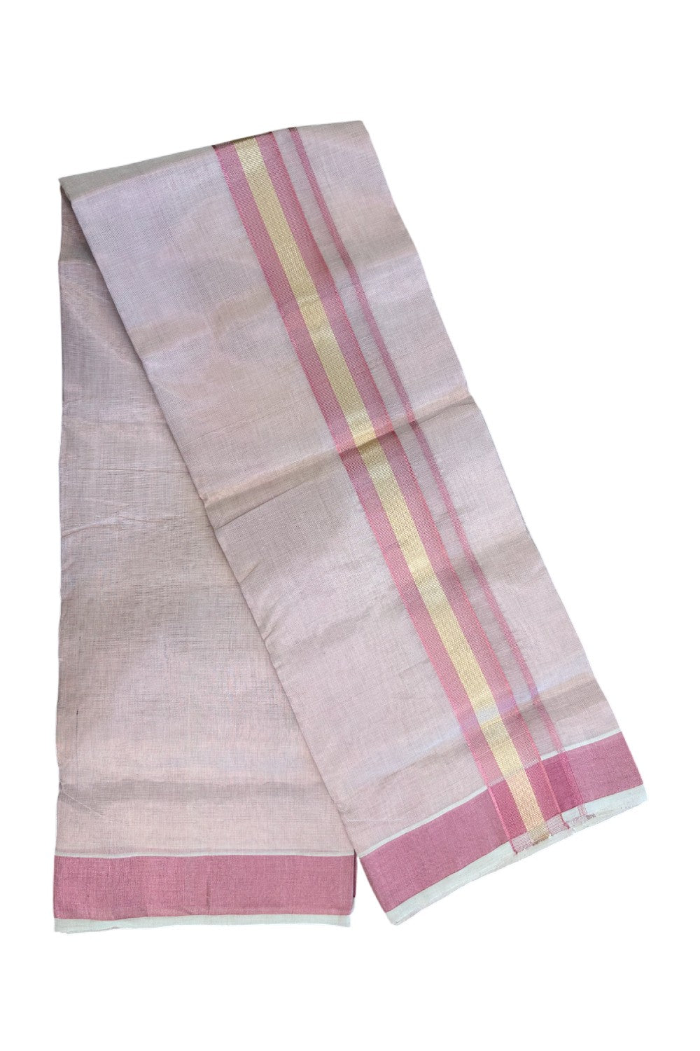 25% DISCOUNT! KaithariKada HANDLOOM MILLPAAV Balaramapuram - 100% PURE Cotton Off White (Unbleached) - Double Mundu/Dhoti - 2 inch Gold Kasavu striped kara & Pink Tissue Body - 19KK5170RAM