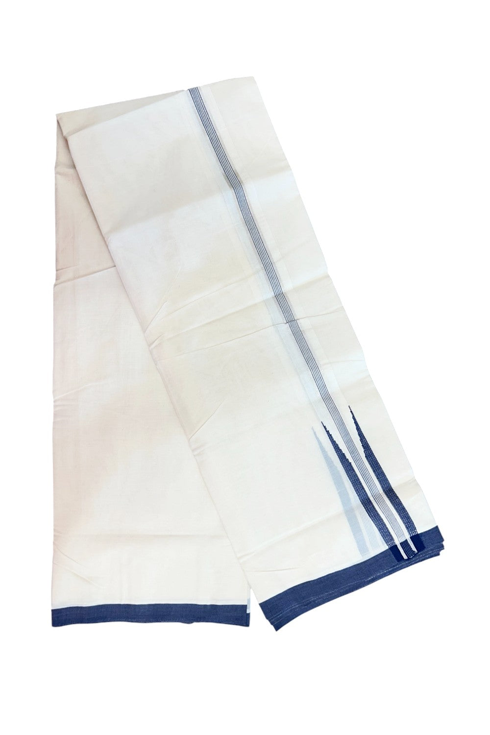 15% DISCOUNT ! KaithariKada Balaramapuram 100% Cotton DOUBLE OFF WHITE Mundu/Dhoti (Unbleached)  - 100X80 - 1.25 inch Puliyilakkara NAVY BLUE SILVER Big chutty - 19KK5171GAN