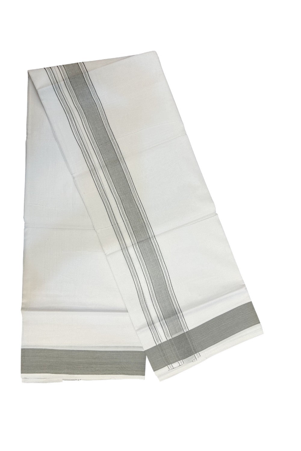 20% DISCOUNT!!! KaithariKada Balaramapuram 100% Cotton DOUBLE PURE WHITE Mundu/Dhoti - 100X80 - 1.75 Inch Sage Grey Shaded Stripes kara - 19KK5172PMC