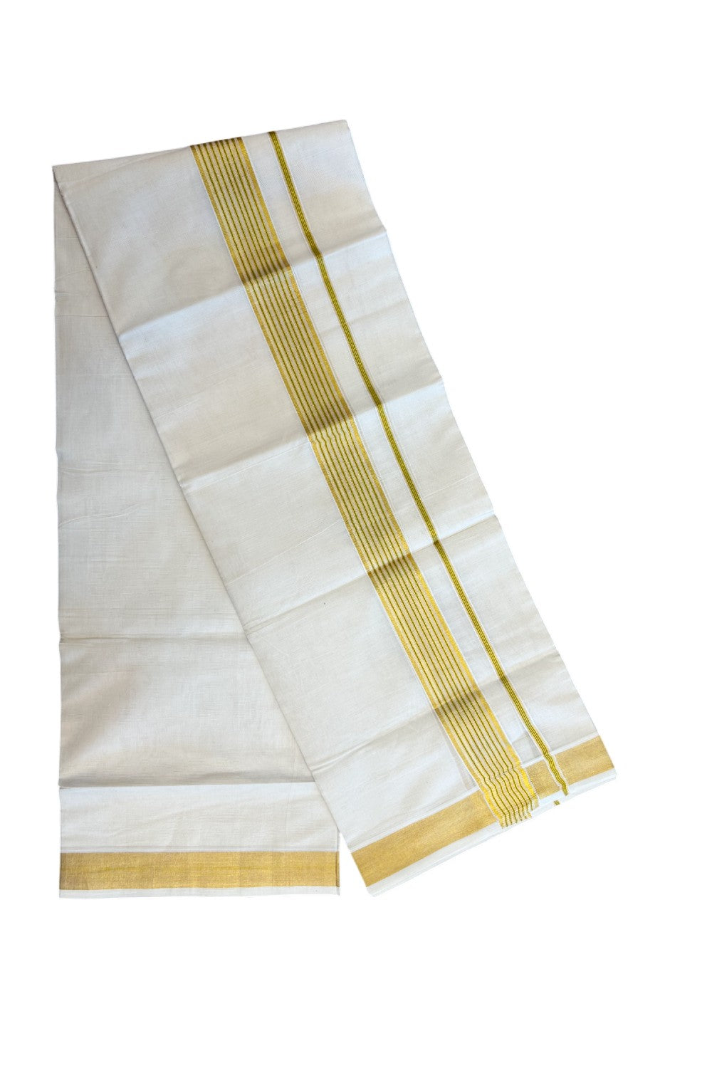 20% DISCOUNT! KaithariKada Balaramapuram Double OFF WHITE Mundu/Dhoti - 100x80 - 1.75 Inch Gold Kasavu & Light Green striped Kara - 19KK5182VAS
