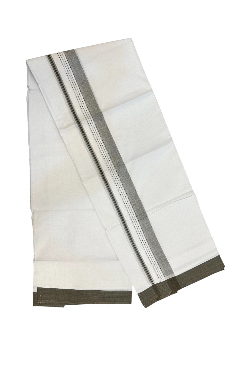 20% Discount ! Kaitharikada Balaramapuram 100% Cotton PURE WHITE Double Mundu/Dothi - 100x80 - 1.5 inch Olive Green Striped Kara - 19KK5183VIN
