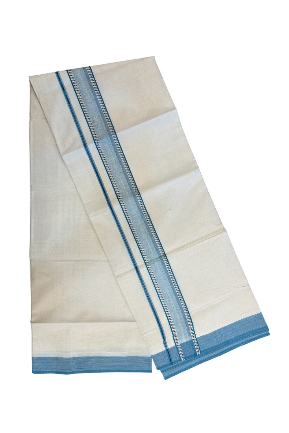 20% DISCOUNT ! KaithariKada Balaramapuram 100%  Cotton OFF WHITE (Unbleached) Double  Mundu/Dhoti - 100X80 - 1.75 inch Peacock Blue & Black Shaded Designer Kara - 19KK5213 VIN