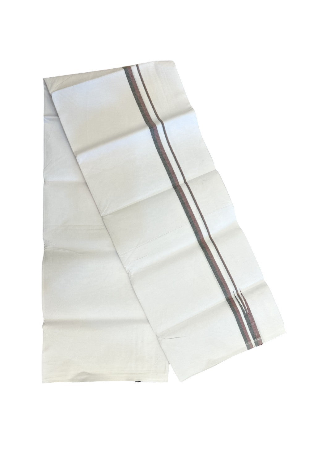 DMK Veshti - 20% Discount !! KaithariKada Balaramapuram PURE WHITE SINGLE Mundu/Dhoti - 100X100 - Puliyilakkara 0.5 inch Maroon & Black Thin Chutty Kara (2 meter / 4 muzham) - 18KK5224 ASH