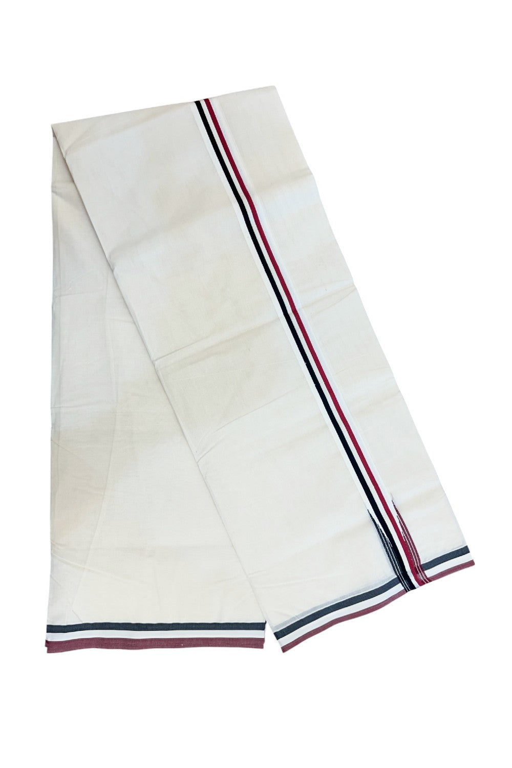 ADMK VESHTI - 20% DISCOUNT! KaithariKada 100% Cotton off white Double - (Unbleached) Mundu/Dhoti - 100X100 - 1.25 inch Black White & Maroon Red Wings Chutty kara 3.84 m - 19KK5226 ASH