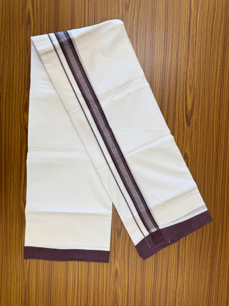 Short Dhoti Special - 28% Discount ! KaithariKada 100% Cotton Pure White Double Mundu / Dhoti - 100x80 - 45 inch Height 3.80 m Length  1.5 inch Wine Brown kara - 19 KK5258 THI