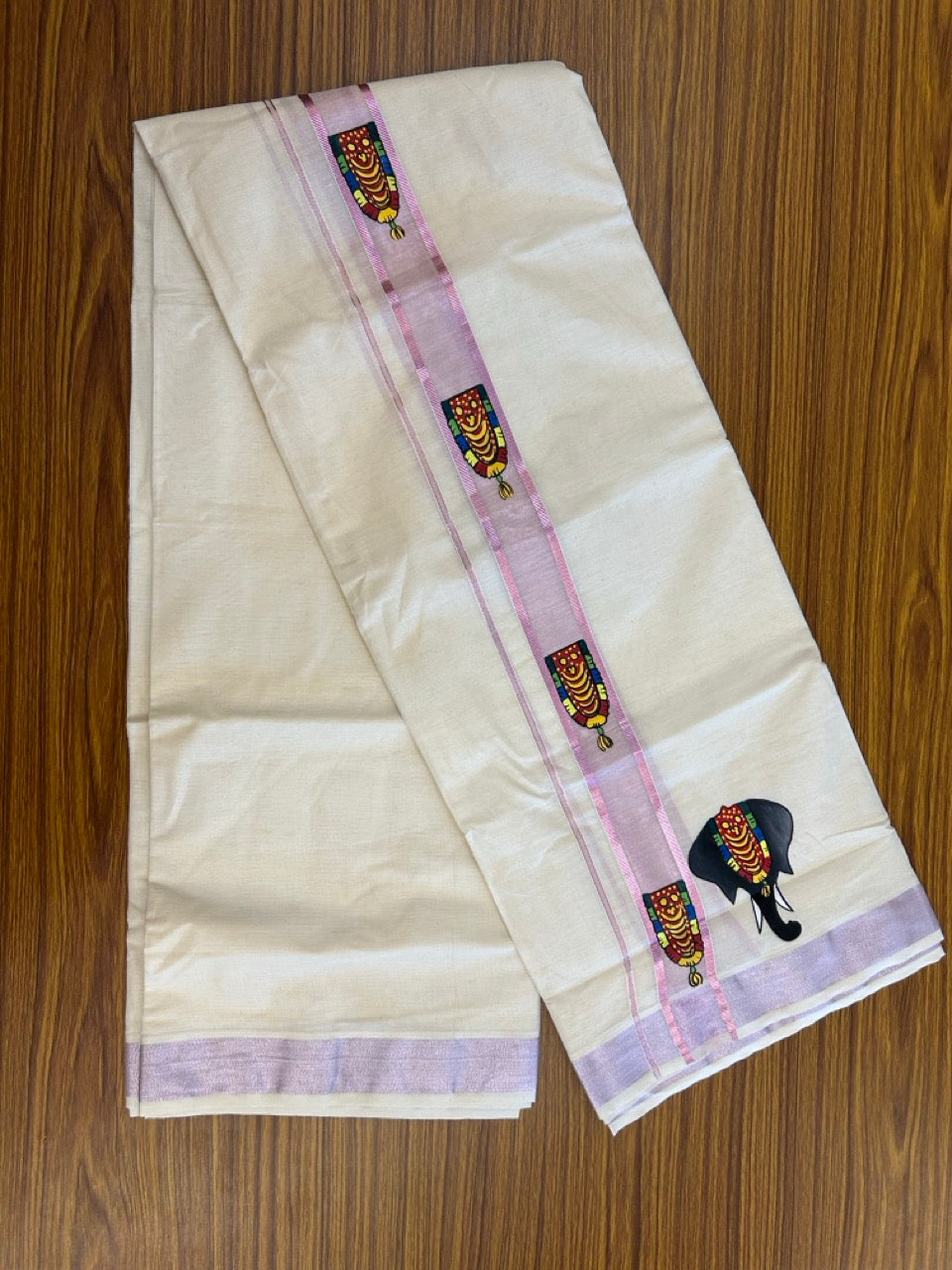 24% Discount! KaithariKada 100% Cotton Double Off white - (Ubleached) Mundu / Dhoti - 100x80 1.5 inch Pink Silver Kasavu & Hand Painted Elaphant Nettipattom - 19 KK5259 CKS