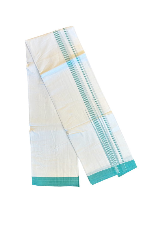 22% DISCOUNT!! Kaitharikada Balaramapuram 100% Cotton PURE WHITE Double Mundu/Dothi-100x100  2 Inch TURQUOISE BLUE Striped Cotton Kara 3.80m (8 Muzham) - 19KK74RAM