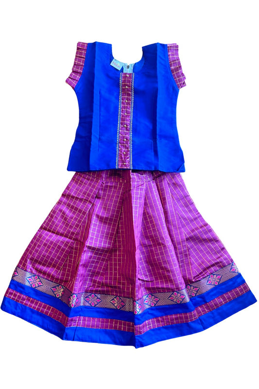 Midukki-Traditional South Indian Kids Pattu Pavada- Blue top pink check skirt- Age 4 - KK4MID0019