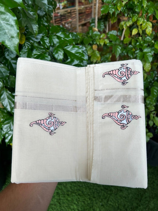 KaithariKada Balaramapuram 100% Cotton Double Off white - (Unbleached) Mundu/Dhoti-100x80 - 0.5 inch Hand Painted Silver Kasav Light Peach & White Mural Design Kara 3.80 mtr (8 muzham) - 9 KK5244 ASH