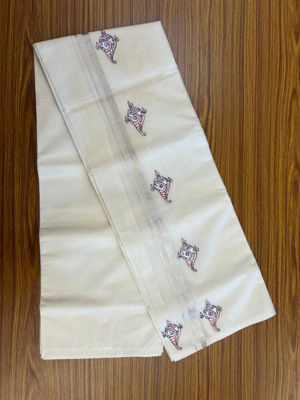KaithariKada Balaramapuram 100% Cotton Double Off white - (Unbleached) Mundu/Dhoti-100x80 - 0.5 inch Hand Painted Silver Kasav Light Peach & White Mural Design Kara 3.80 mtr (8 muzham) - 9 KK5244 ASH