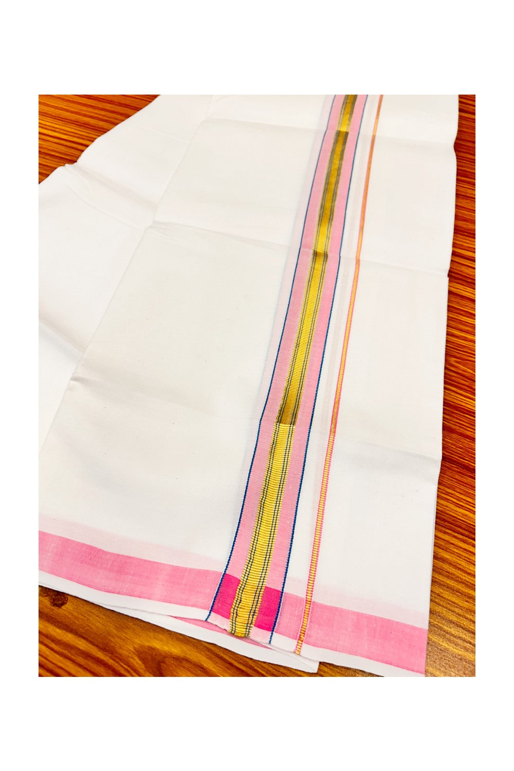 30% OFFER! KaithariKada 100% Cotton Balaramapuram HANDLOOM Single PURE WHITE Mundu/Dhoti - 2 inch (2 meter / 4 muzham) Pink Kasavu Kara & Blue Stripes  - 19KAI.