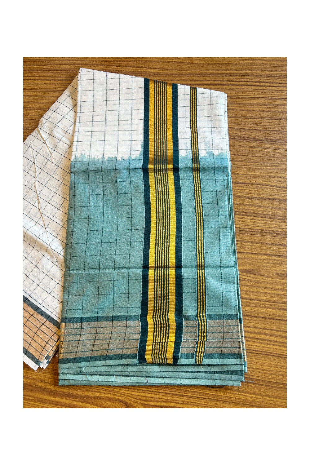 15% Discount! Kaitharikada Kerala Cotton Saree - Green Color Dyed & Gold Kasavu Green Striped Kara - 19KK1003HAR