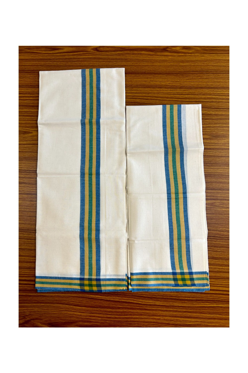 15% Discount!! KaithariKada - Kerala Cotton Single Set Mundu - EXTRA LENGTH -Cerulean Blue, Yellow &Light Green Stripes Mulloth Kara- 19KK472CKA