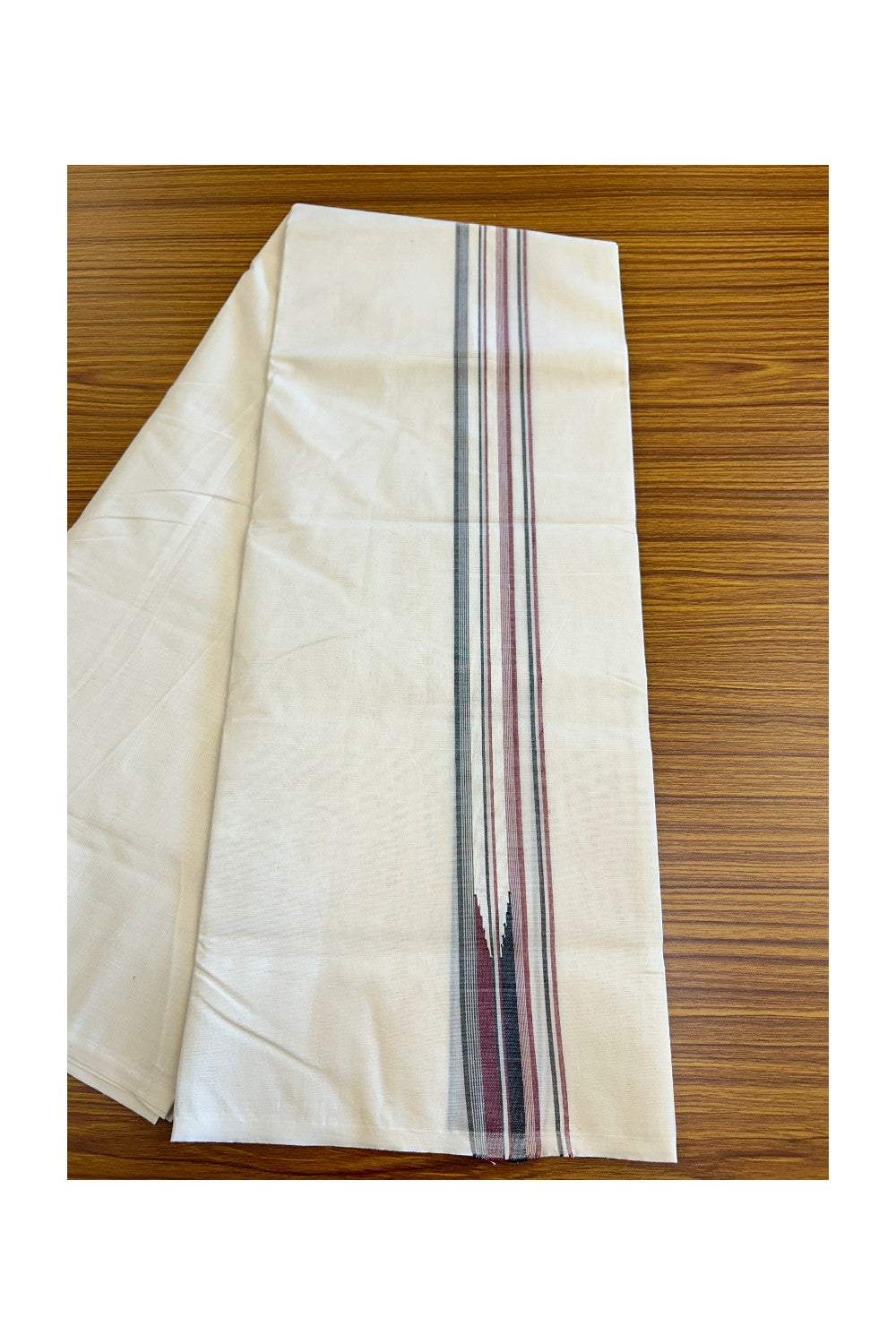 ADMK VESHTI 18% Discount !! KaithariKada Balaramapuram Double Off white - (Unbleached) Mundu/Dhoti - 100X100 - 1.5 inch Puliyilakkara Maroon & Black Striped Chutty Kara - 19KK5045ASH