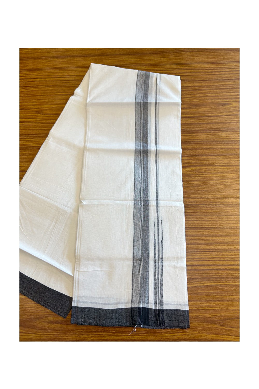 25% DISCOUNT!!! KaithariKada Balaramapuram 100% Cotton Double PURE white Mundu/Dhoti - 80X80 - 1.25 Inch Black & white shaded Centre stripes Chutty kara - 19KK5108GAN