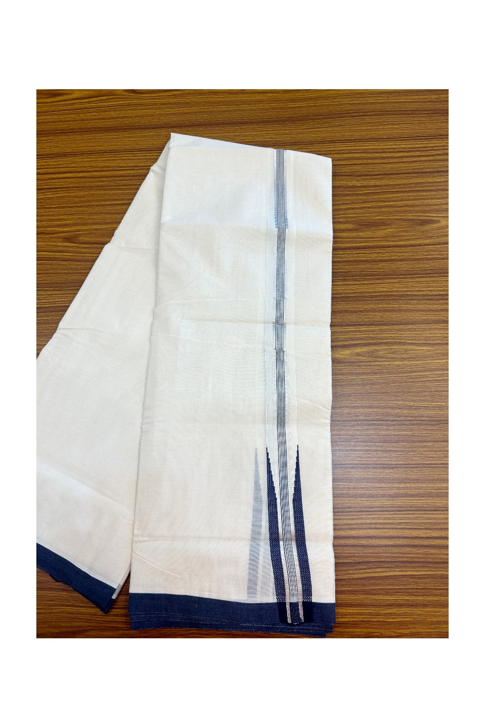 15% DISCOUNT ! KaithariKada Balaramapuram 100% Cotton DOUBLE OFF WHITE Mundu/Dhoti (Unbleached)  - 100X80 - 1.25 inch Puliyilakkara NAVY BLUE SILVER Big chutty - 19KK5171GAN
