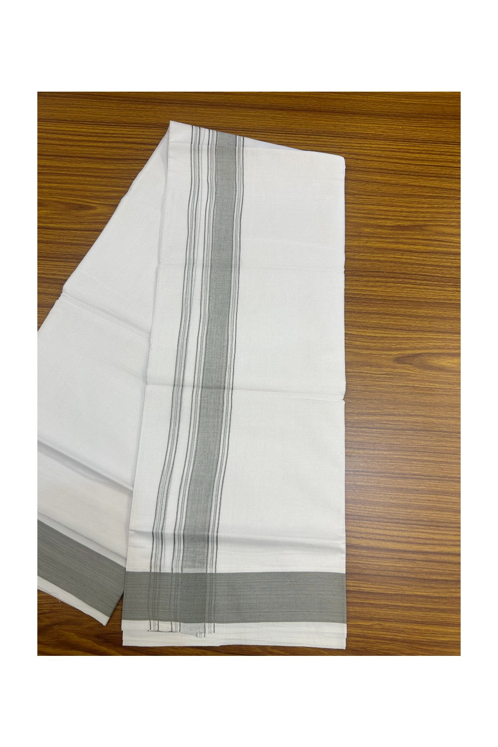 20% DISCOUNT!!! KaithariKada Balaramapuram 100% Cotton DOUBLE PURE WHITE Mundu/Dhoti - 100X80 - 1.75 Inch Sage Grey Shaded Stripes kara - 19KK5172PMC