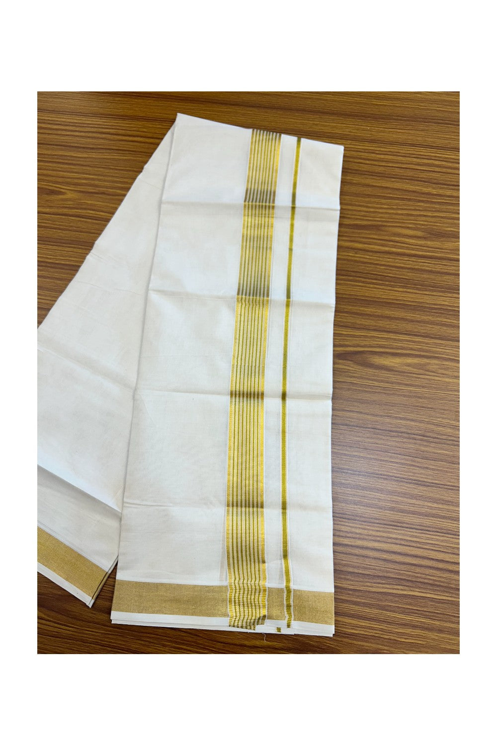 20% DISCOUNT! KaithariKada Balaramapuram Double OFF WHITE Mundu/Dhoti - 100x80 - 1.75 Inch Gold Kasavu & Light Green striped Kara - 19KK5182VAS