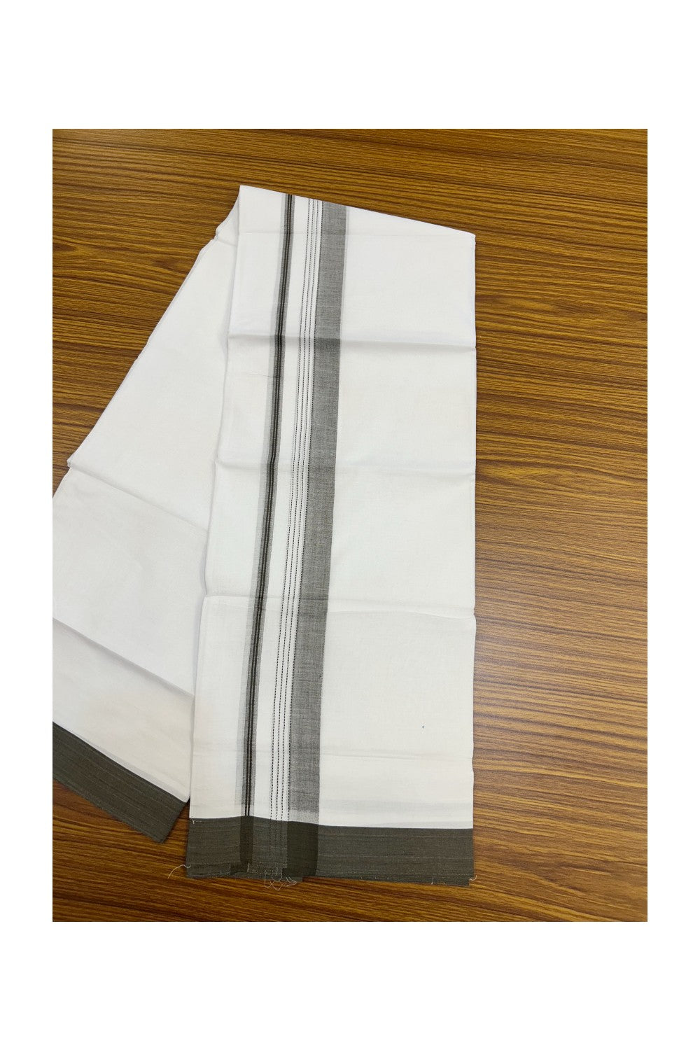 20% Discount ! Kaitharikada Balaramapuram 100% Cotton PURE WHITE Double Mundu/Dothi - 100x80 - 1.5 inch Olive Green Striped Kara - 19KK5183VIN