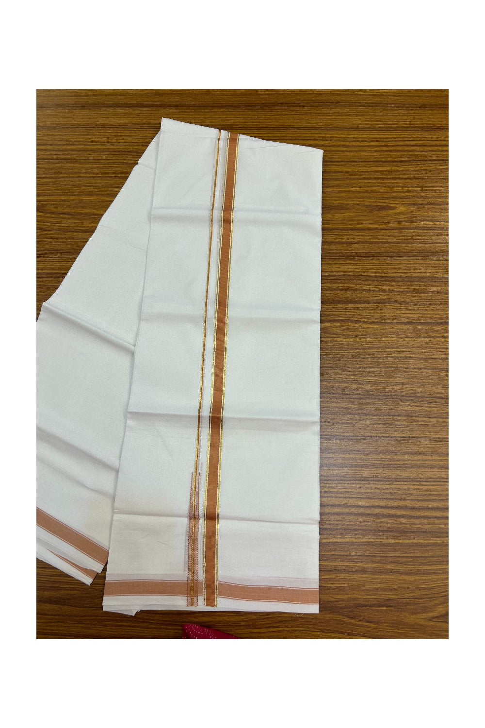 20% DISCOUNT!! KaithariKada Balaramapuram 100% Cotton PURE WHITE Double Mundu/Dhoti-100x80 - 0.5 inch Orange Brown Kasav Chutty Kara - 19KK5191CKS