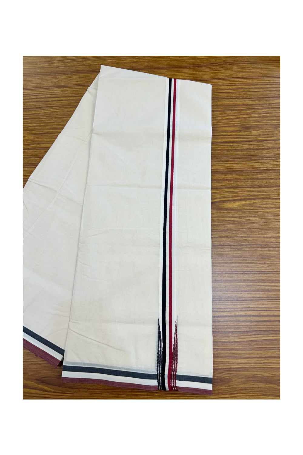 ADMK VESHTI - 20% DISCOUNT! KaithariKada 100% Cotton off white Double - (Unbleached) Mundu/Dhoti - 100X100 - 1.25 inch Black White & Maroon Red Wings Chutty kara 3.84 m - 19KK5226 ASH