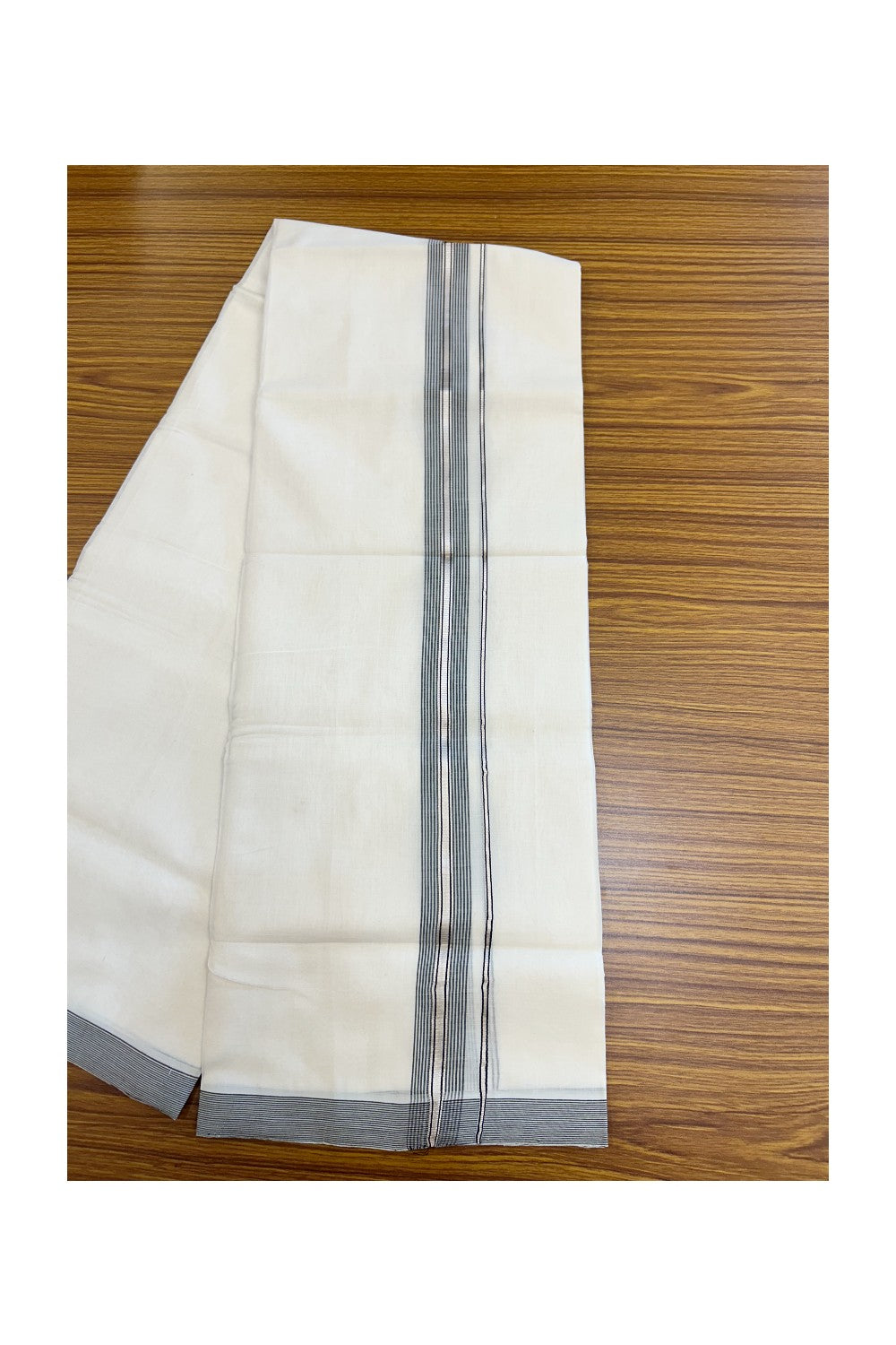 25% Discount! KaithariKada HANDLOOM UNAKKUPAAV Balaramapuram - 100% PURE Cotton OFF WHITE (Unbleached) Double Mundu/Dhoti - 80x90 - 1.25 inch Silver kasavu Black & White striped kara 4 Mtr (8.5 Muzham) - 19KK5235 YAR