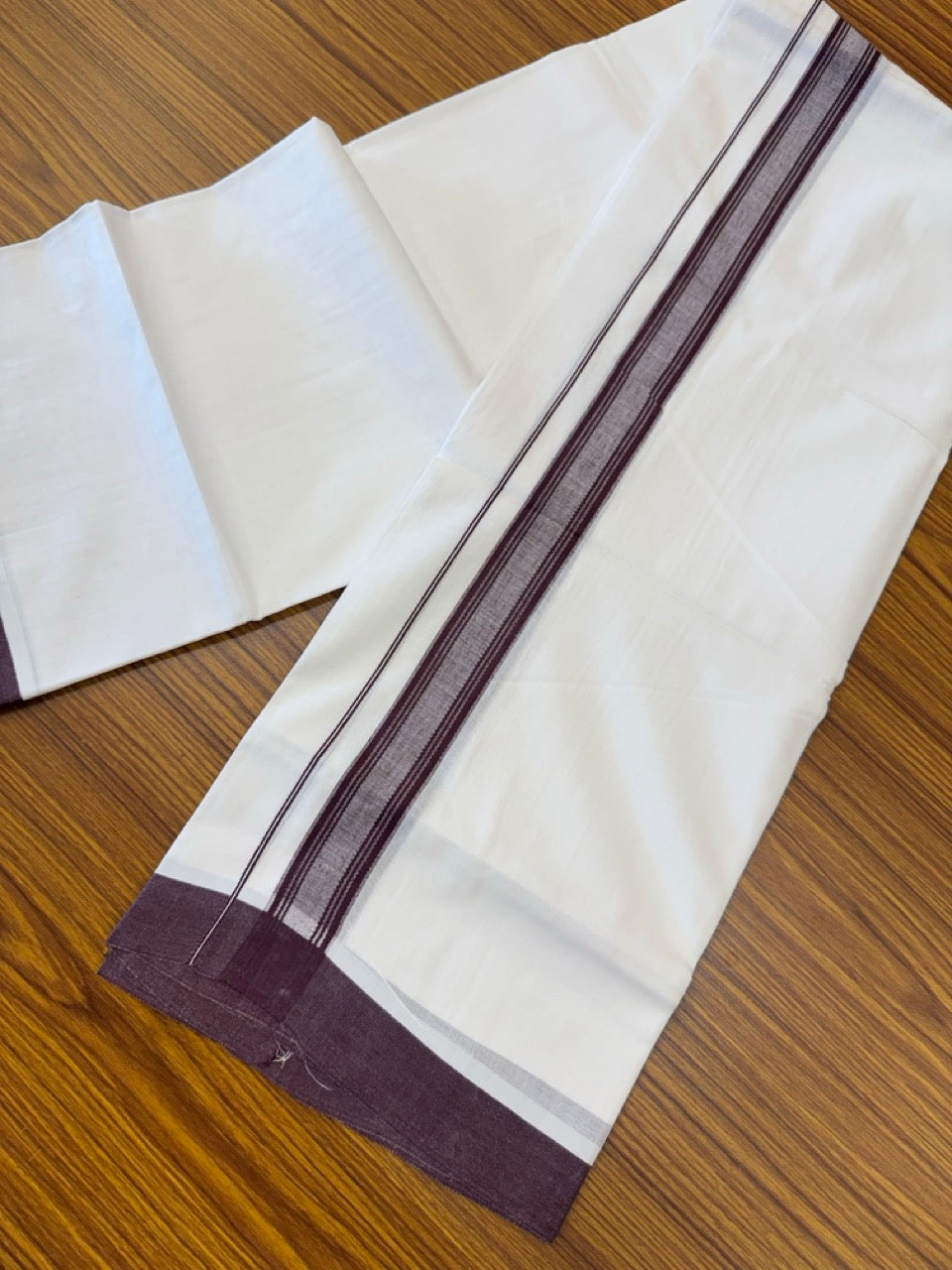 Short Dhoti Special - 28% Discount ! KaithariKada 100% Cotton Pure White Double Mundu / Dhoti - 100x80 - 45 inch Height 3.80 m Length  1.5 inch Wine Brown kara - 19 KK5258 THI