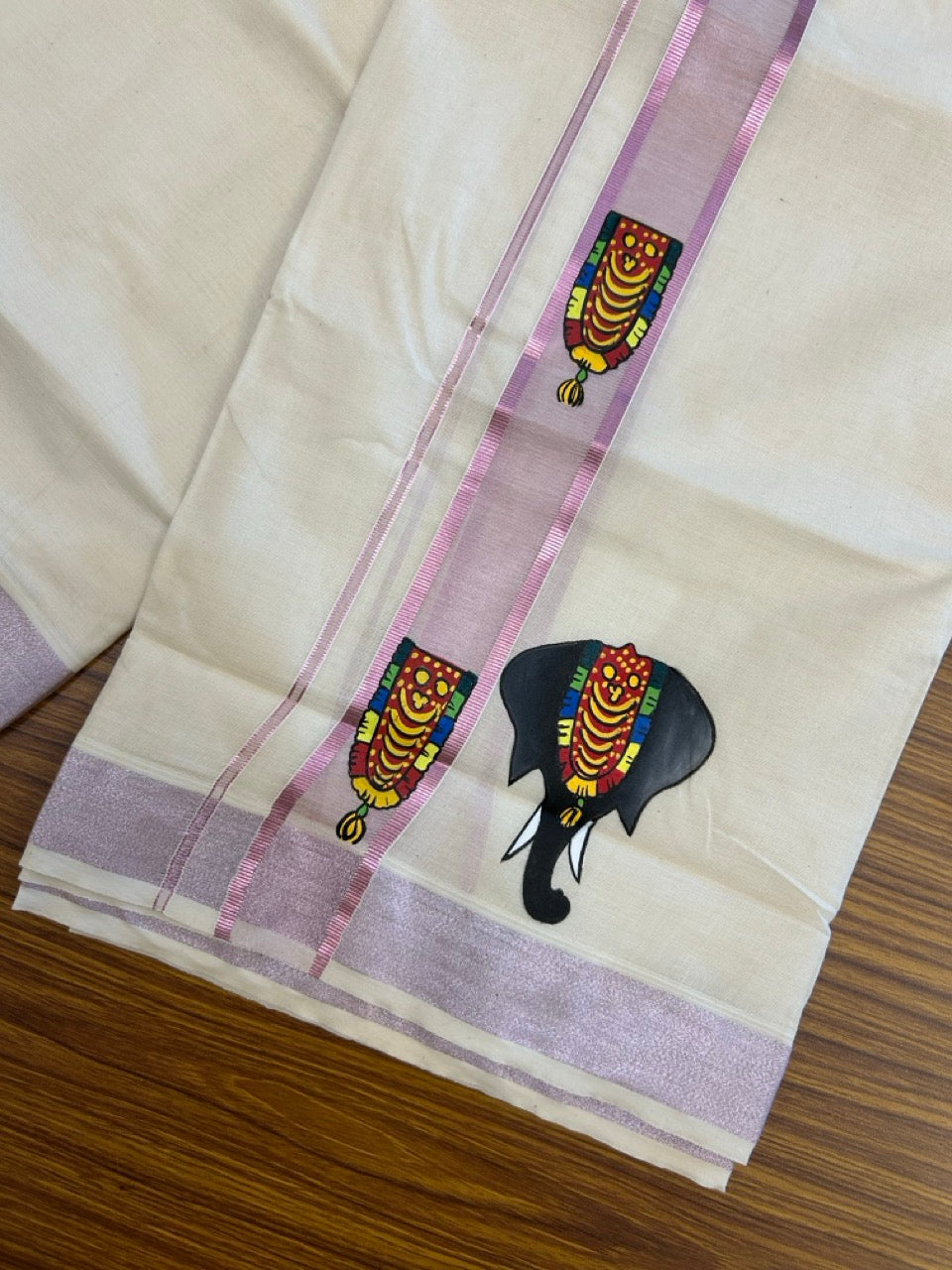 24% Discount! KaithariKada 100% Cotton Double Off white - (Ubleached) Mundu / Dhoti - 100x80 1.5 inch Pink Silver Kasavu & Hand Painted Elaphant Nettipattom - 19 KK5259 CKS