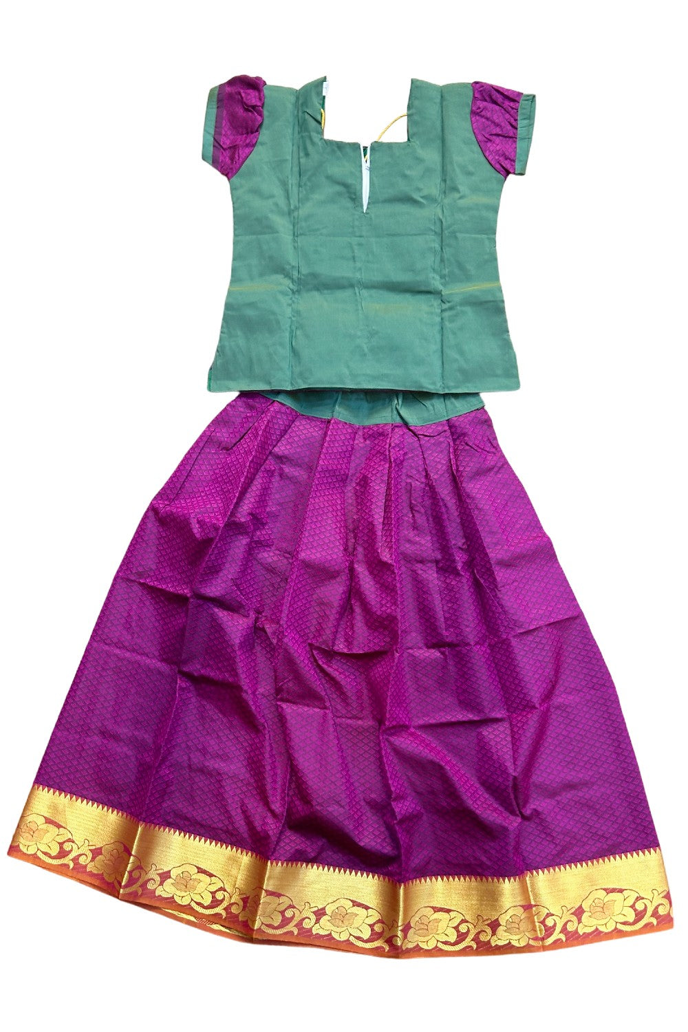 Midukki-Traditional South Indian Kids Pattu Pavada- Green top magenta skirt with emboss work- Age 11 - KK11MID0019