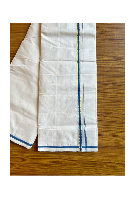 16% DISCOUNT!! KaithariKada HANDLOOM Millpaav Balaramapuram - 100% PURE Cotton OFF White - (Unbleached) Double Mundu/Dothi - 1.25 cm Puliyilakkara side striped Gold kasavu Blue chutty 3.75 mtr (8 Muzham) - 19KK462RAM