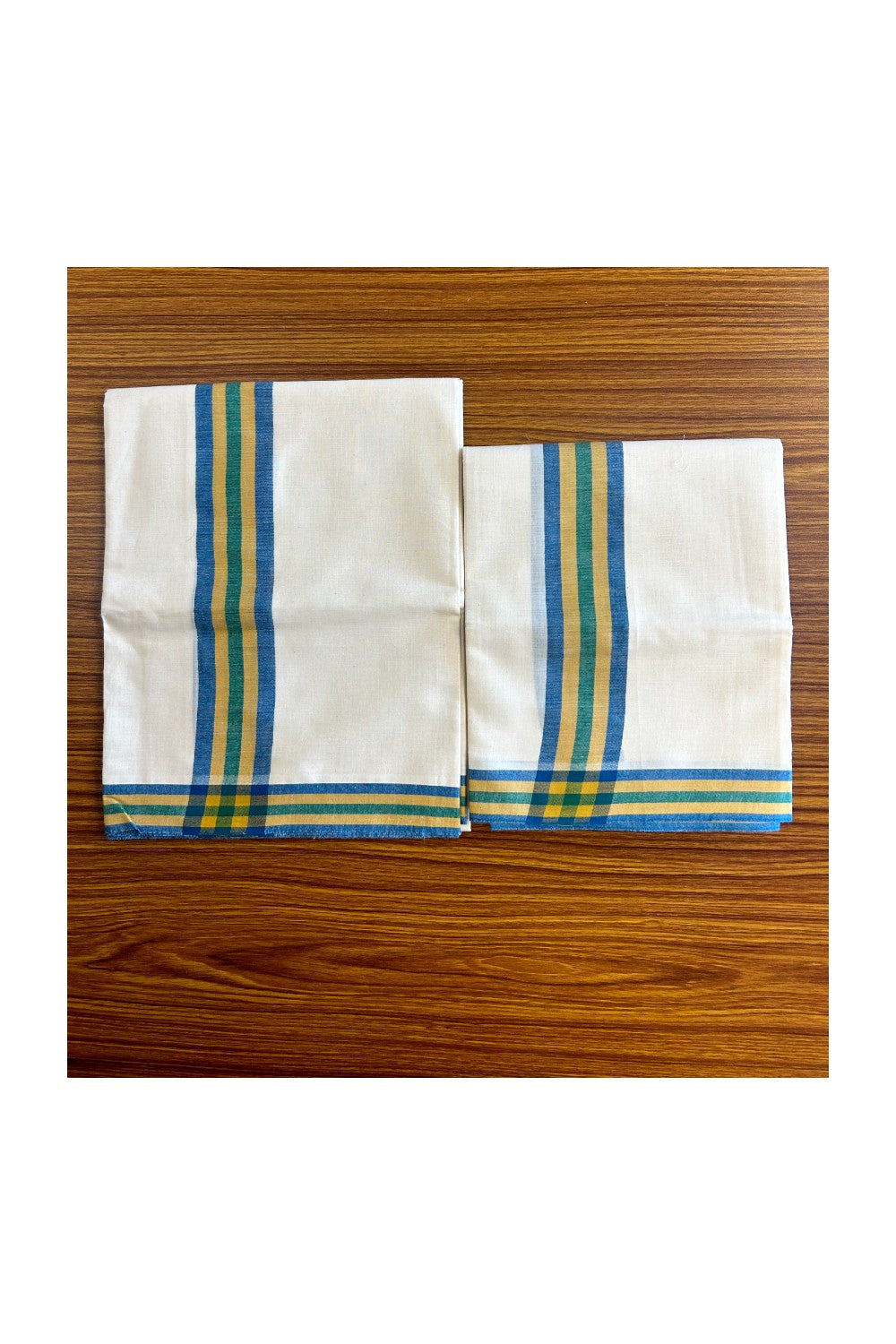 15% Discount!! KaithariKada - Kerala Cotton Single Set Mundu - EXTRA LENGTH -Cerulean Blue, Yellow &Light Green Stripes Mulloth Kara- 19KK472CKA
